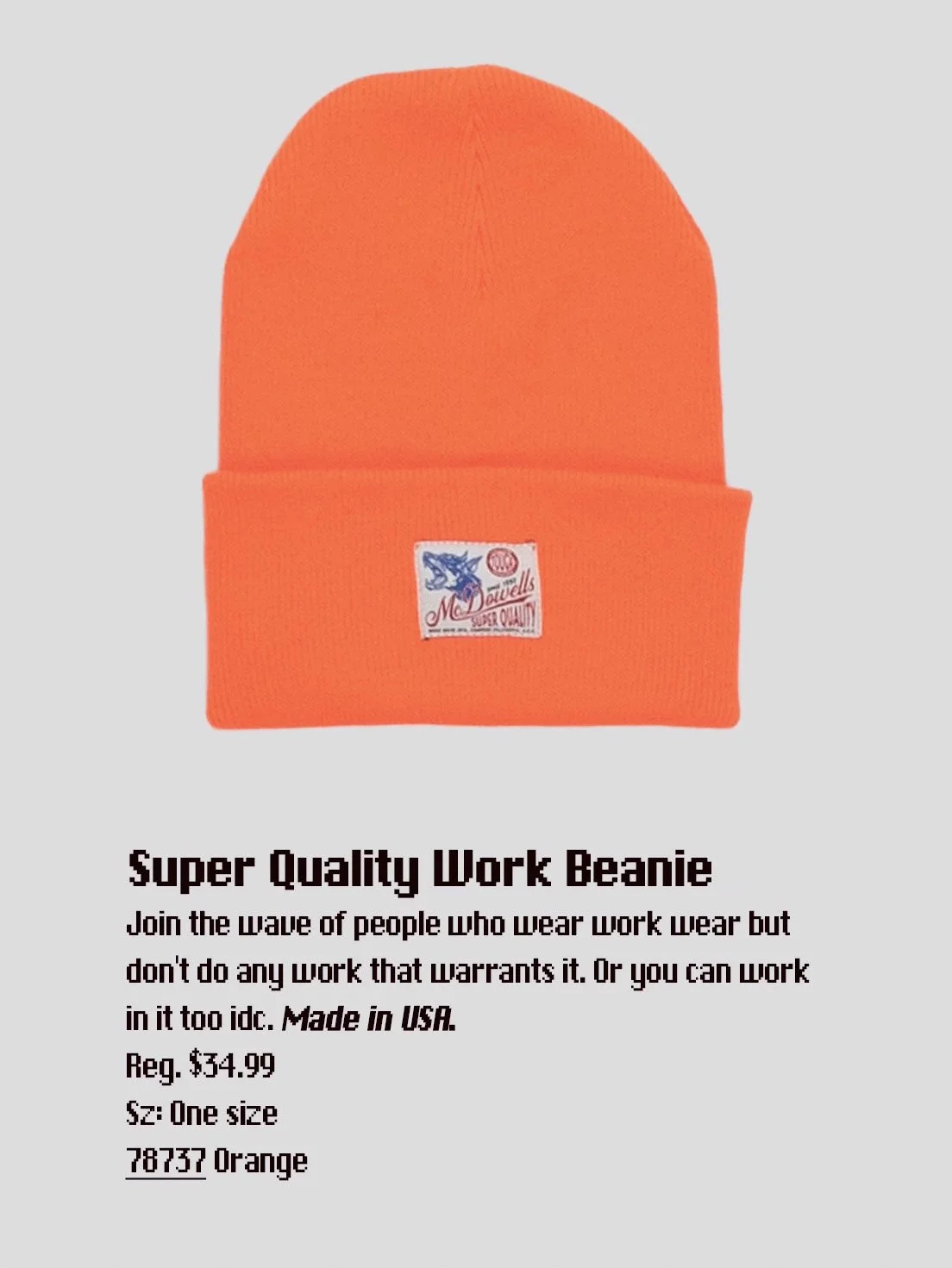 Super Quality Work Beanie - ORANGE — McDowell's